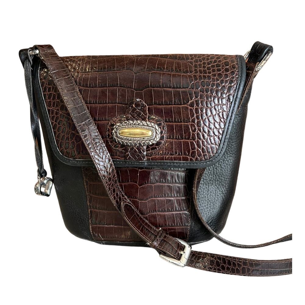 Brighton Leather Two Tone Bucket Crossbody Bag Black Brown Croc Embossed